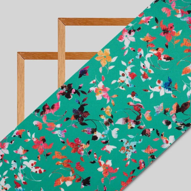 Teal Floral Pattern Digital Print Lycra Fabric (Width 58 Inches) 2