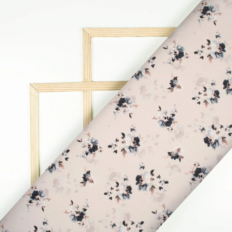 Linen Beige And Black Floral Pattern Digital Print Lycra Fabric (Width 58 Inches) 2