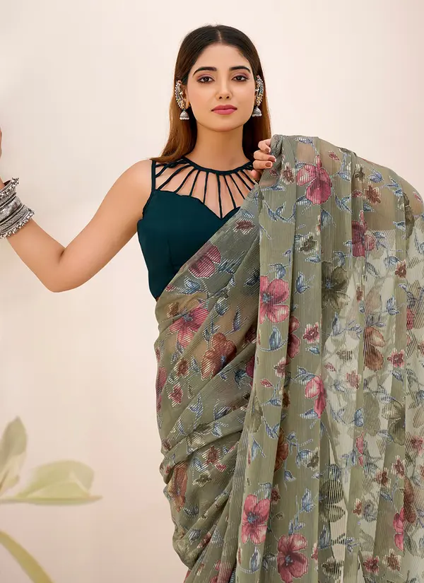 Viscose Brasso Olive Green Casual Wear Floral Print Work Saree