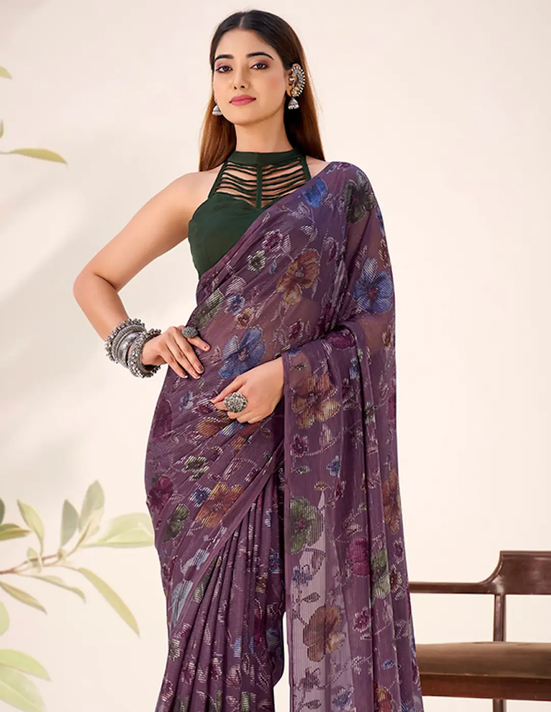Viscose Brasso Purple Casual Wear Floral Print Work Saree 1