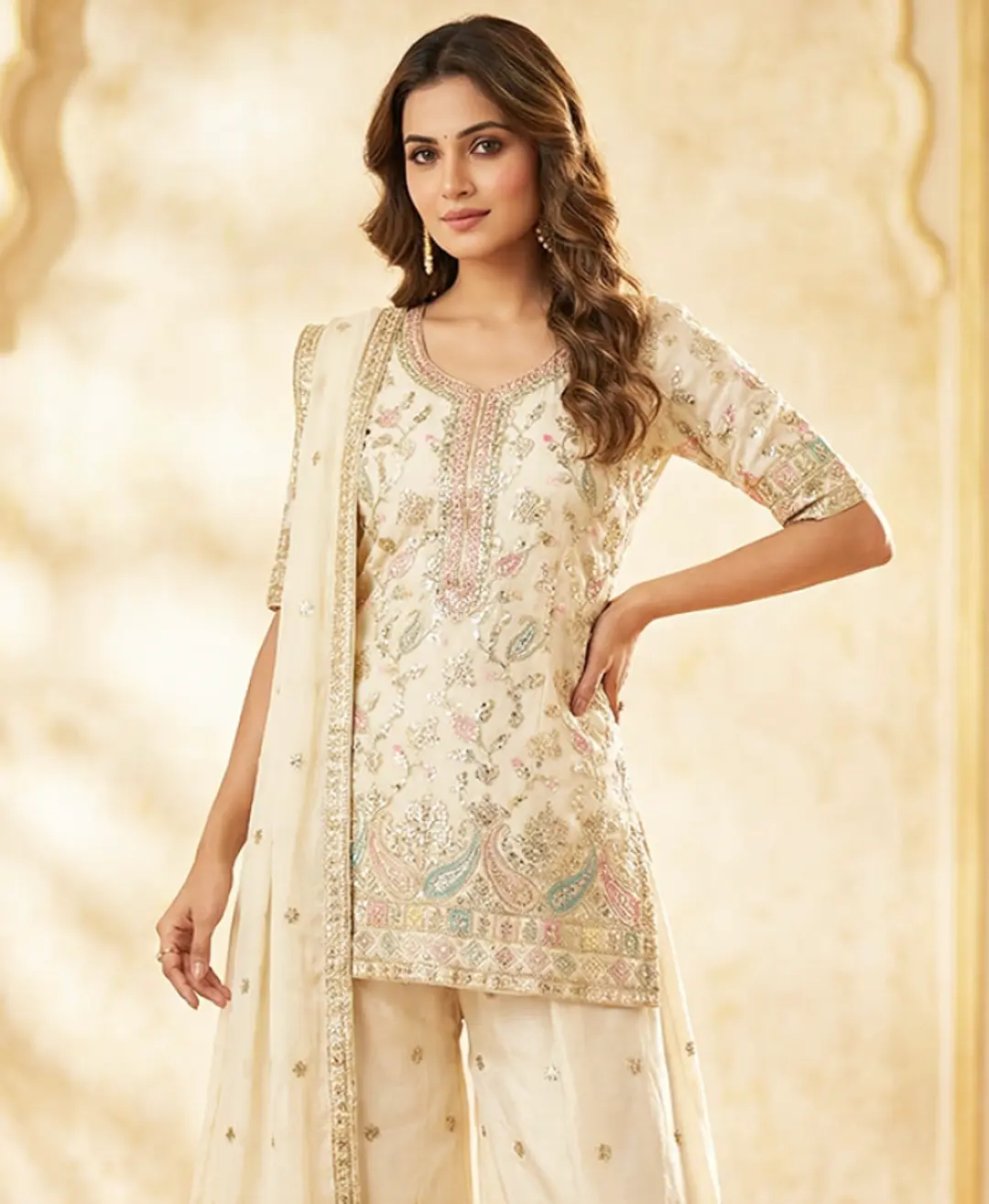 Real Chinon Cream Wedding Wear Embroidery Work Readymade Plazzo Suit 1
