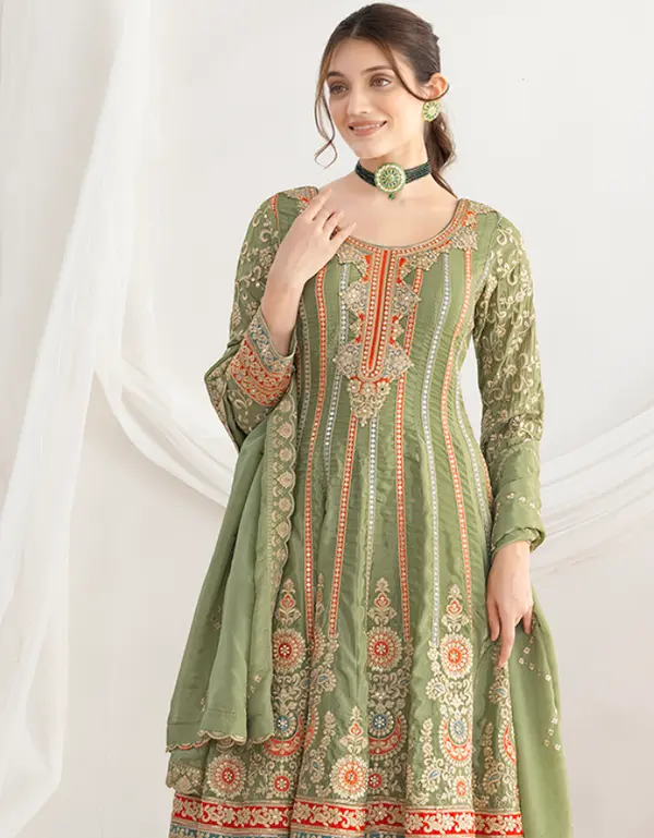 Silk Green Wedding Wear Embroidery Work Readymade Anarkali Suit
