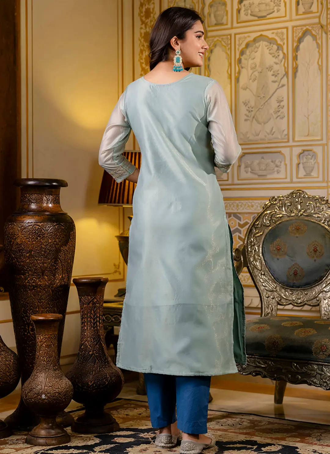 Shimmer Silk Sky Blue Casual Wear Embroidery Work Readymade Kurti 1