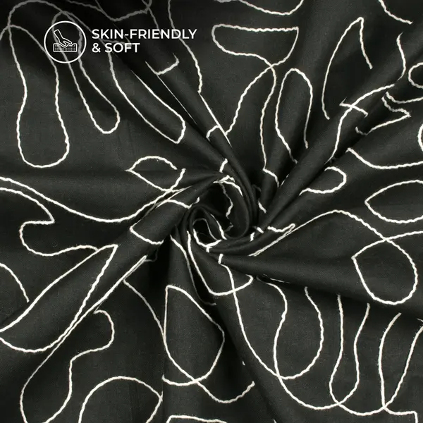 Black Embroidery Threadwork Plain Pure Cotton Fabric