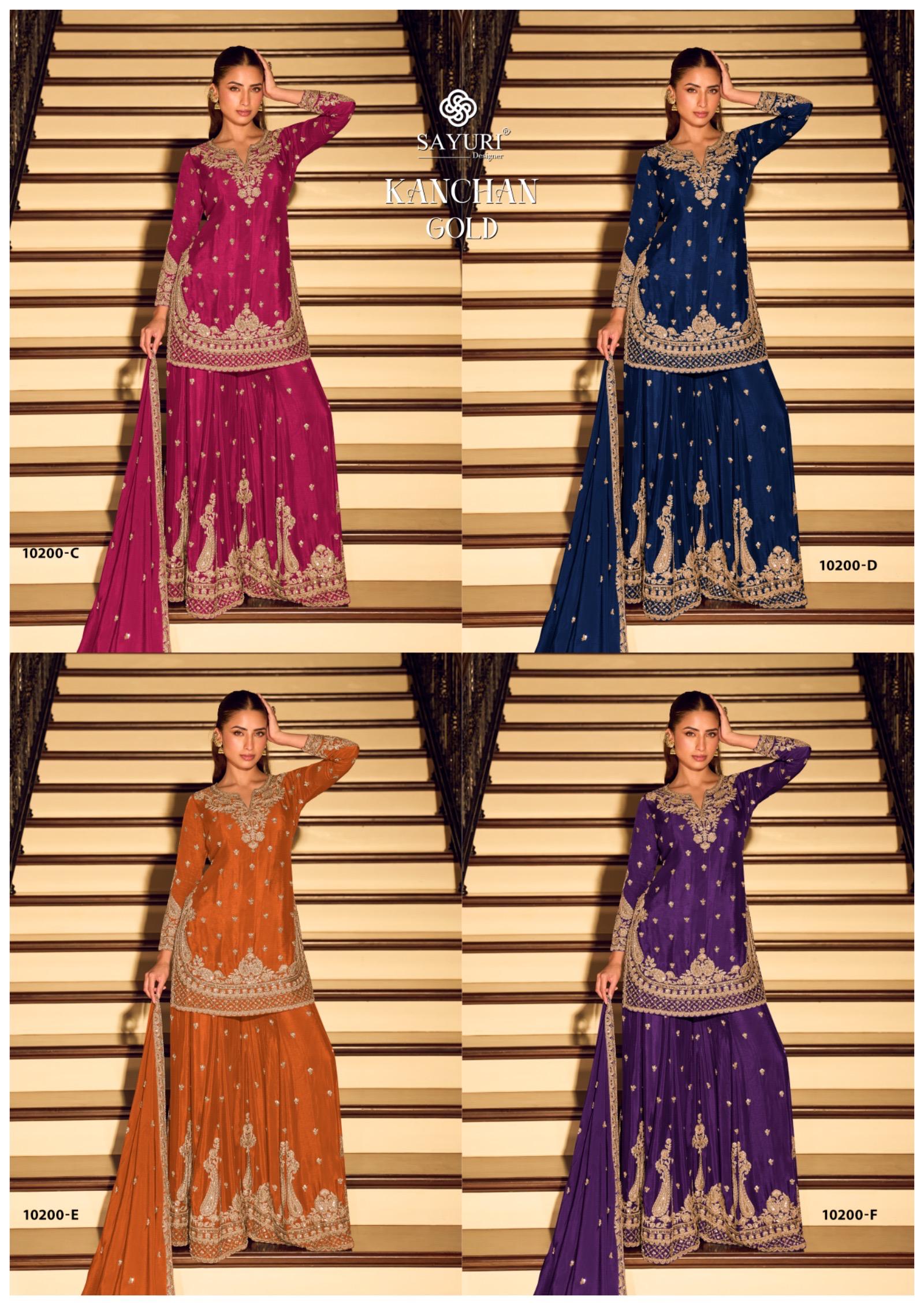 SAYURI DESIGNER PRESENT KANCHAN GOLDFREE SIZE STICHED TOP SHARARA SERIES 10200 C TO 10200 F 1