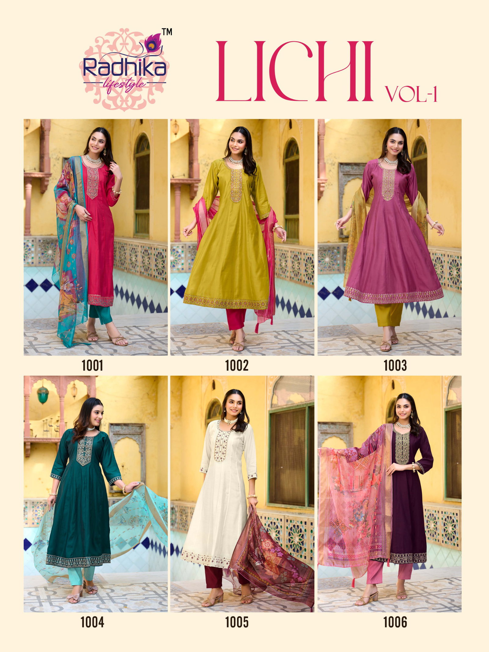 RADHIKA PRESENT ANARKALI GOWN LICHI VOL -1  3 PCS SERIES 1001-1006 3