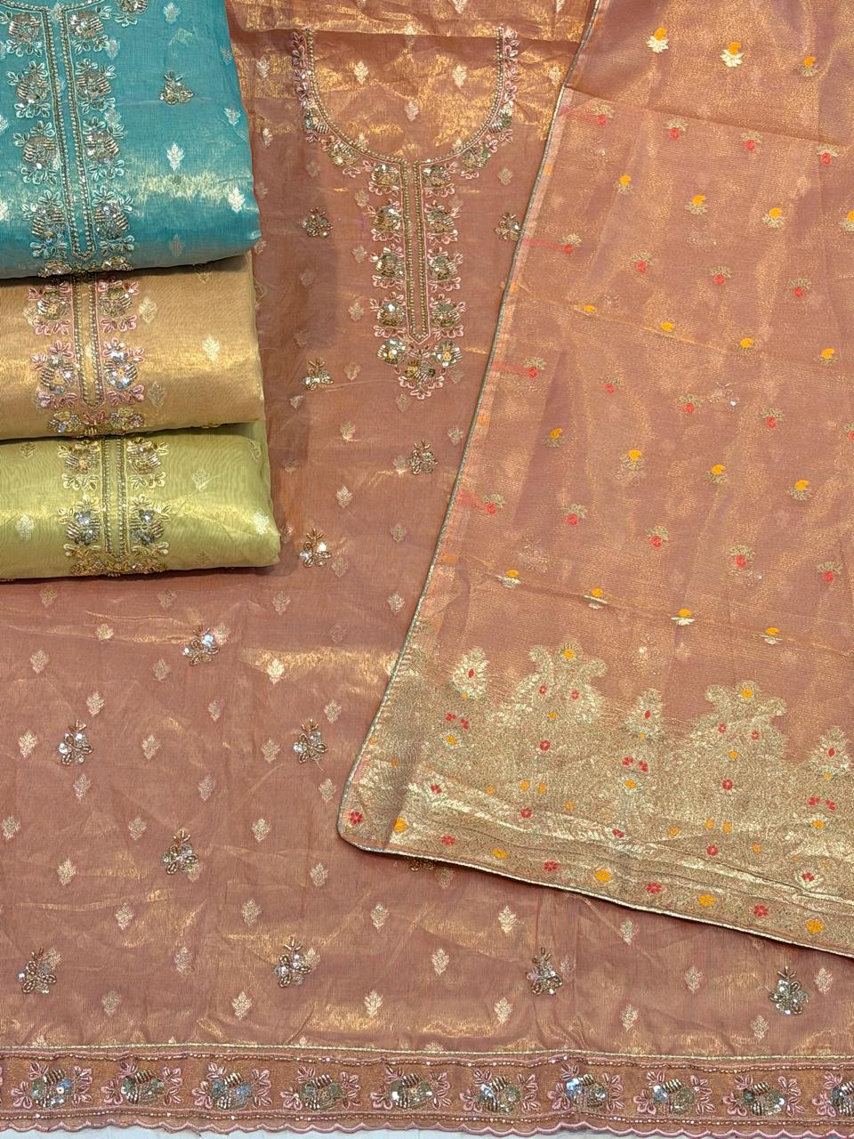 Saira PRESENT SIMMER WITH BUTTI BEATS WORK UNSTITCHED MATCHING SUITS 2