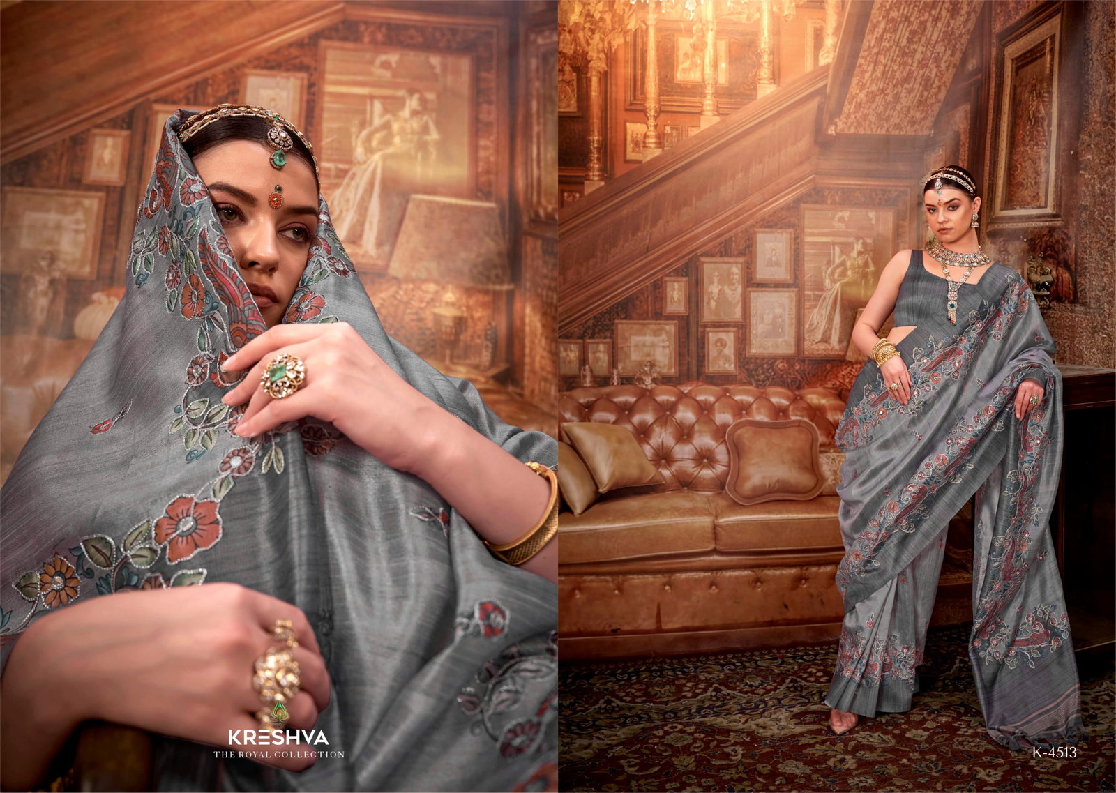 KRESHVA PRESENT MAN -MORNI CATLOUGLES WITH KALAMKARI  PV SILK SAREE SERIES 4506-4514 1