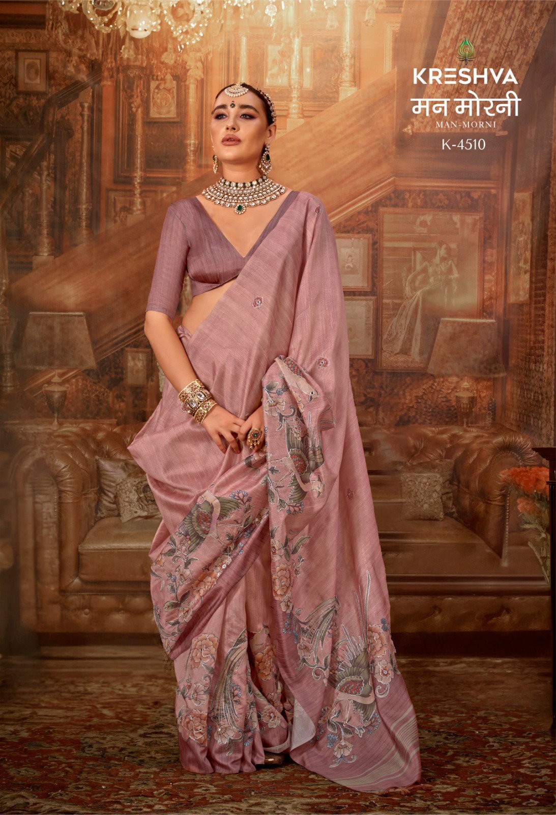 KRESHVA PRESENT MAN -MORNI CATLOUGLES WITH KALAMKARI  PV SILK SAREE SERIES 4506-4514 4