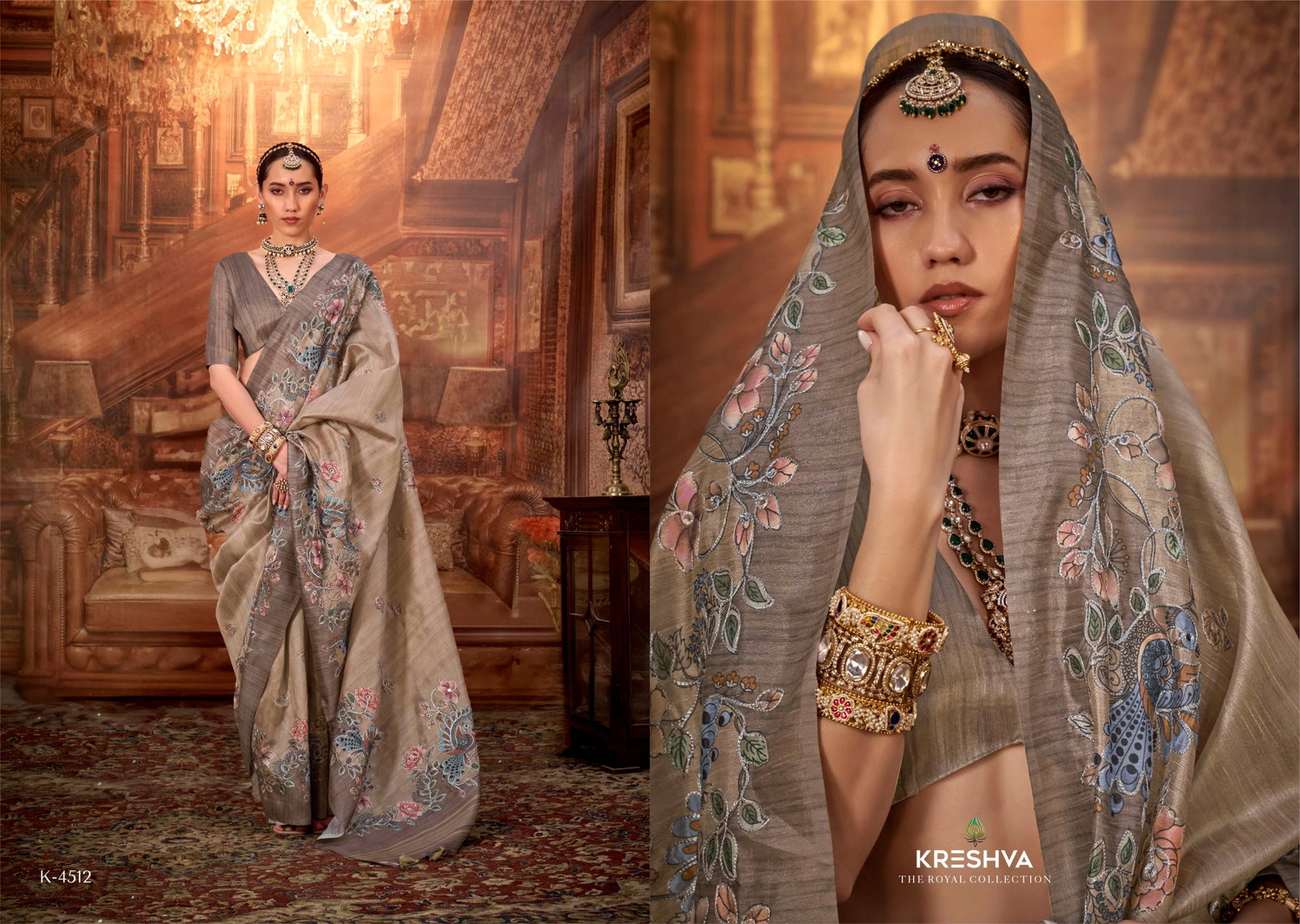 KRESHVA PRESENT MAN -MORNI CATLOUGLES WITH KALAMKARI  PV SILK SAREE SERIES 4506-4514 14