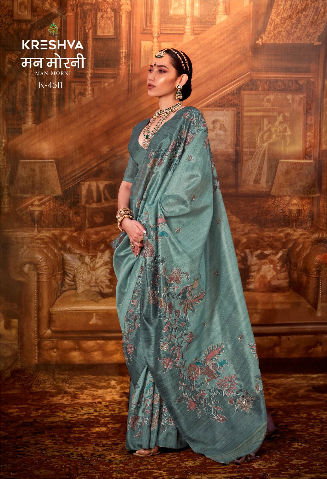 KRESHVA PRESENT MAN -MORNI CATLOUGLES WITH KALAMKARI  PV SILK SAREE SERIES 4506-4514 3