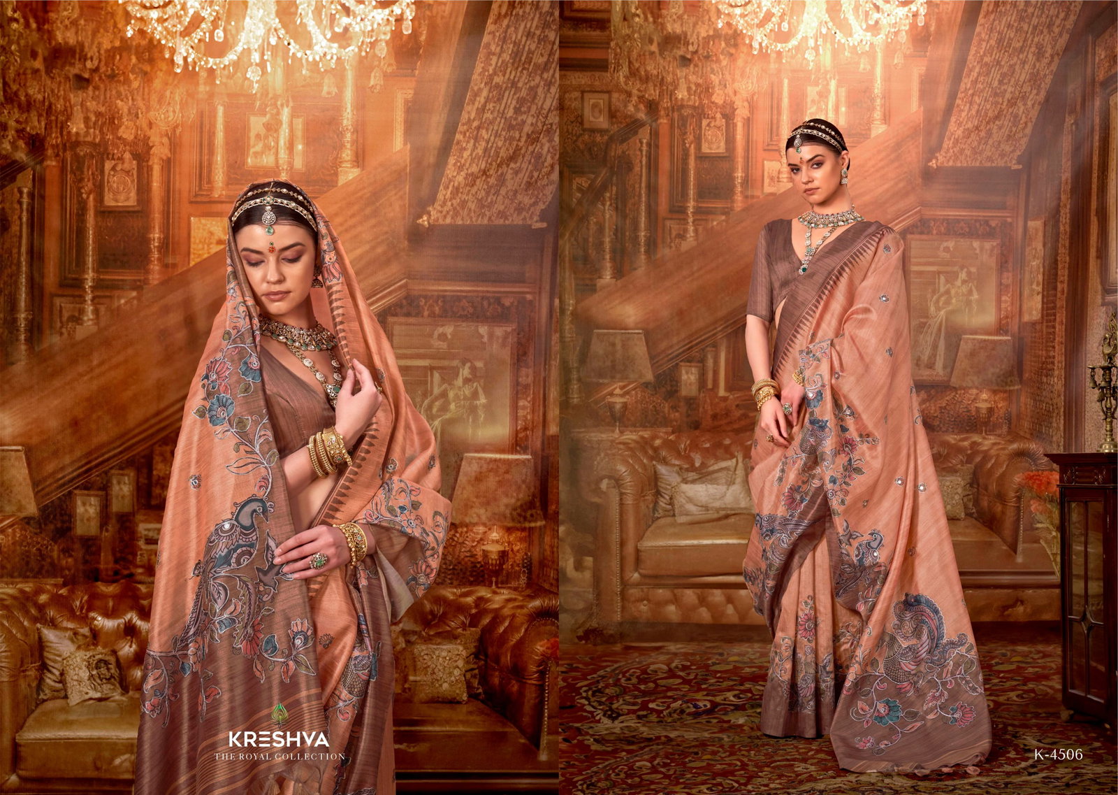 KRESHVA PRESENT MAN -MORNI CATLOUGLES WITH KALAMKARI  PV SILK SAREE SERIES 4506-4514 18