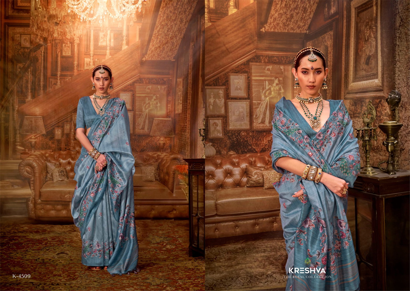 KRESHVA PRESENT MAN -MORNI CATLOUGLES WITH KALAMKARI  PV SILK SAREE SERIES 4506-4514 17