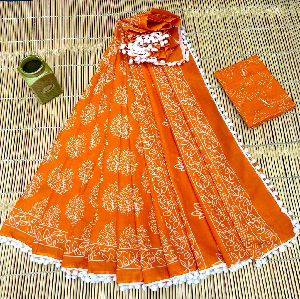 BAGRU PRESENT BLOCK PRINT SAREE WITH POMPOM 1