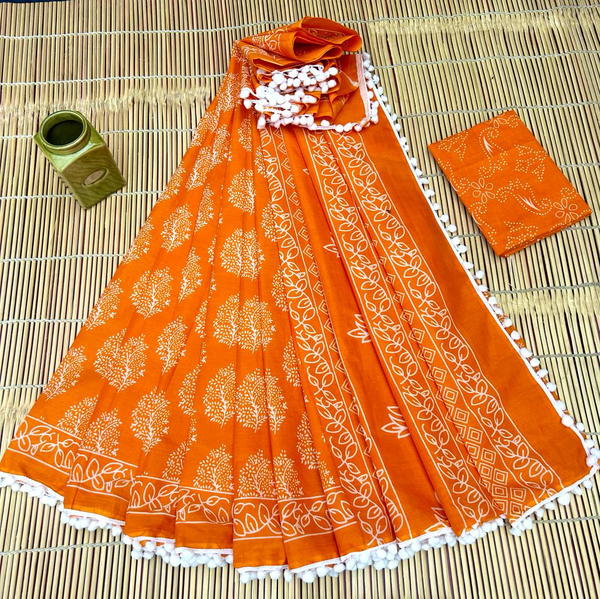 BAGRU PRESENT BLOCK PRINT SAREE WITH POMPOM