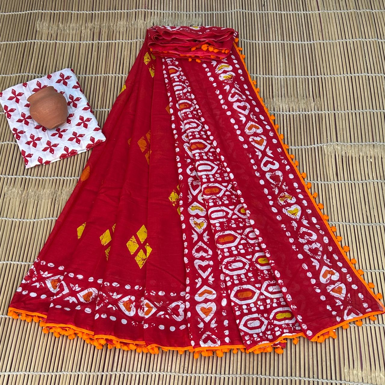 BAGRU PRESENT BLOCK PRINT SAREE WITH POMPOM 6