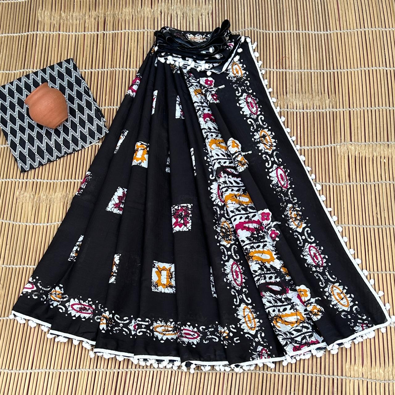 BAGRU PRESENT BLOCK PRINT SAREE WITH POMPOM 4