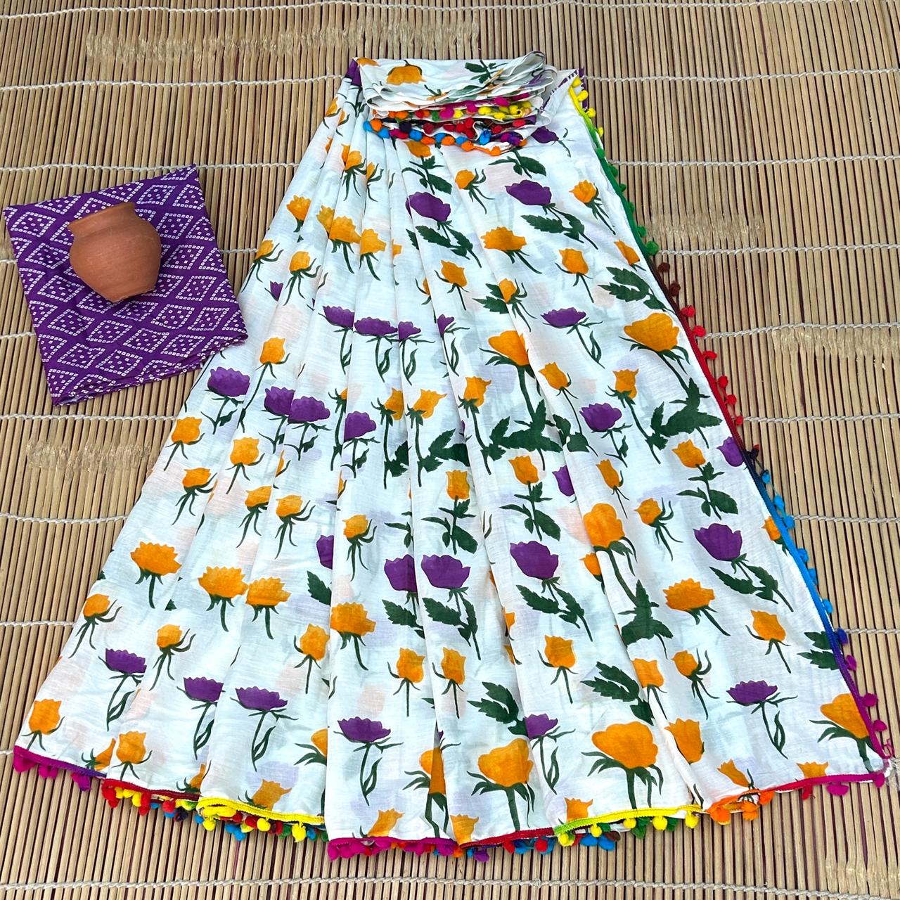 BAGRU PRESENT BLOCK PRINT SAREE WITH POMPOM 8