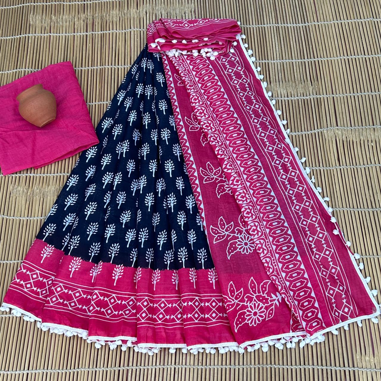 BAGRU PRESENT BLOCK PRINT SAREE WITH POMPOM 3