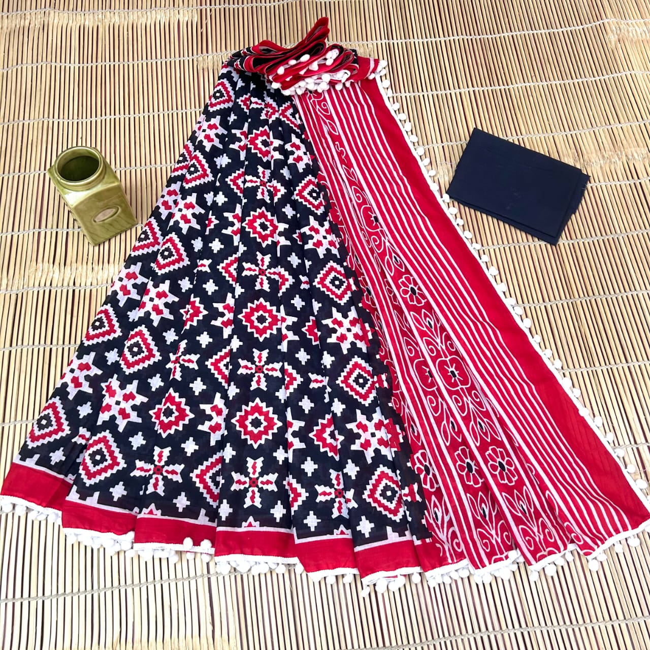 BAGRU PRESENT BLOCK PRINT SAREE WITH POMPOM 14