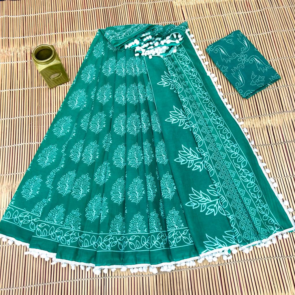 BAGRU PRESENT BLOCK PRINT SAREE WITH POMPOM 13