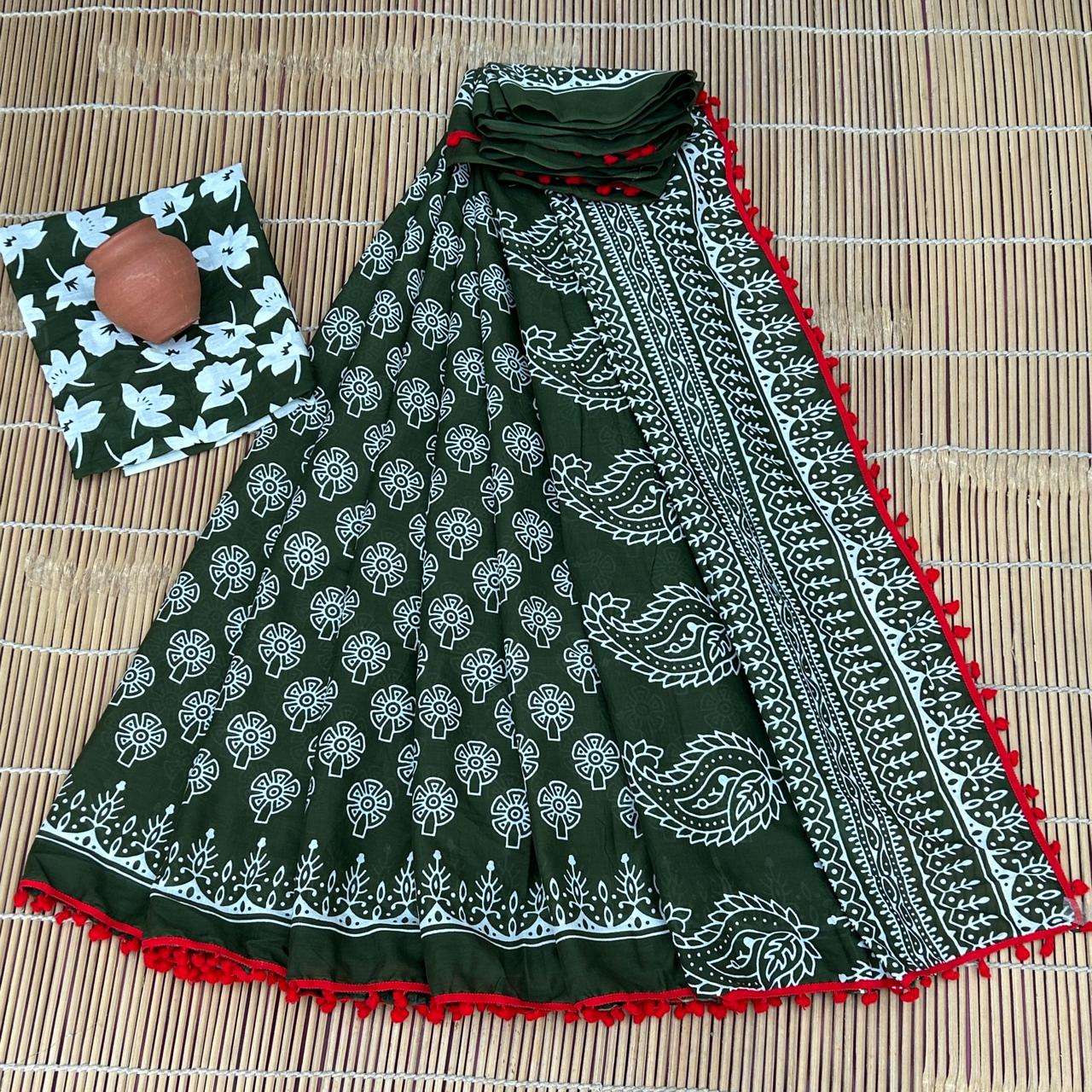 BAGRU PRESENT BLOCK PRINT SAREE WITH POMPOM 10