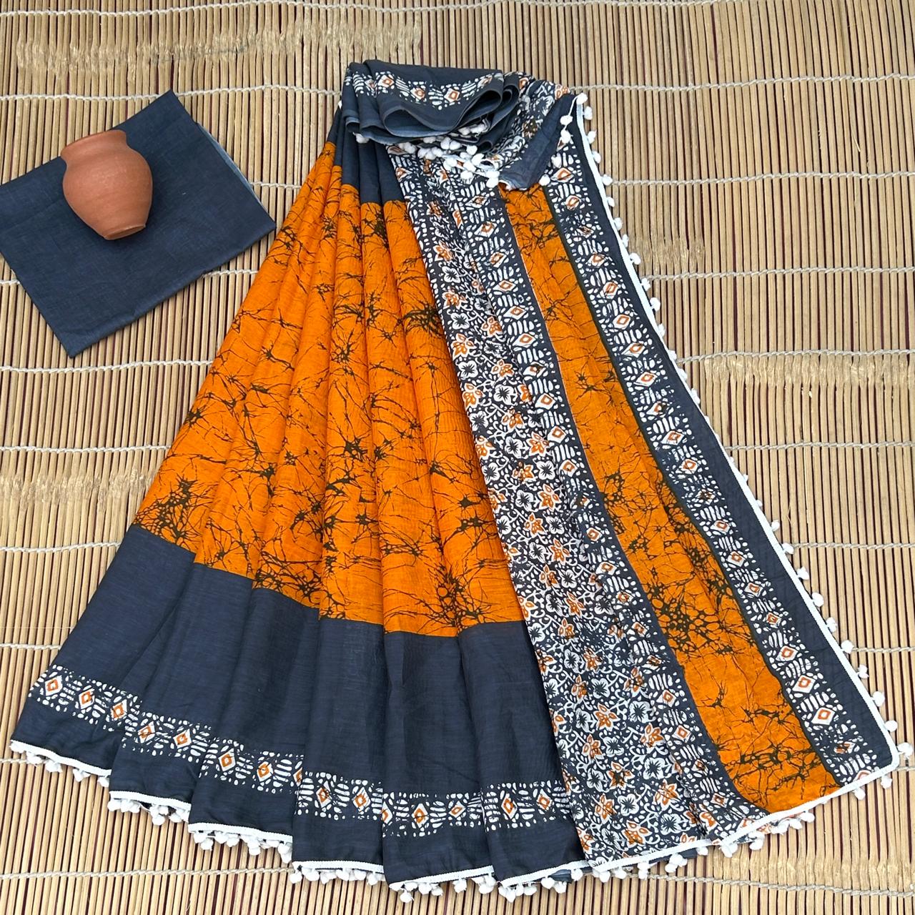 BAGRU PRESENT BLOCK PRINT SAREE WITH POMPOM 23