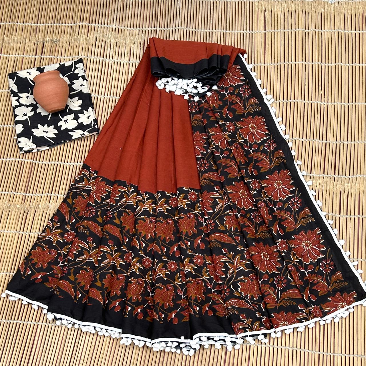 BAGRU PRESENT BLOCK PRINT SAREE WITH POMPOM 20