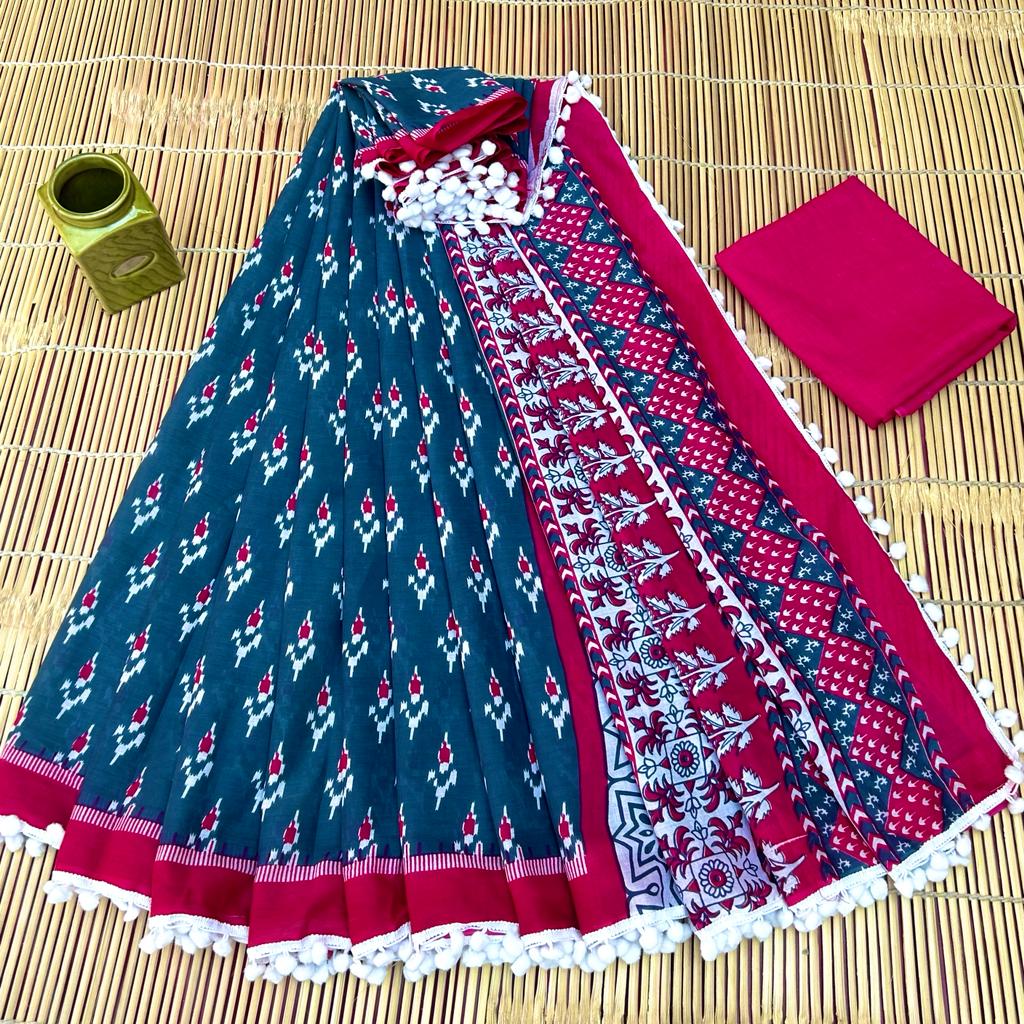 BAGRU PRESENT BLOCK PRINT SAREE WITH POMPOM 21