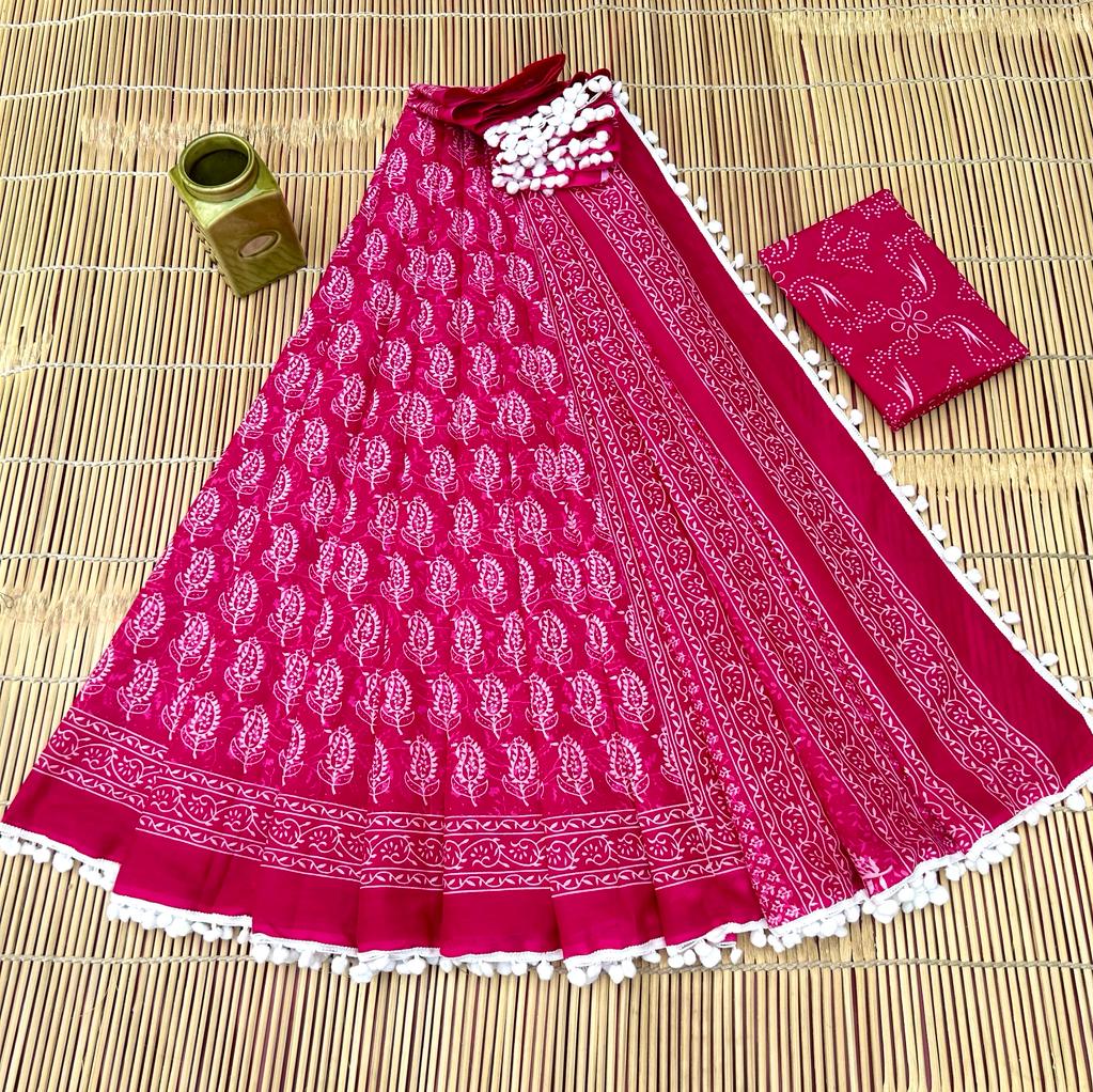 BAGRU PRESENT BLOCK PRINT SAREE WITH POMPOM 19