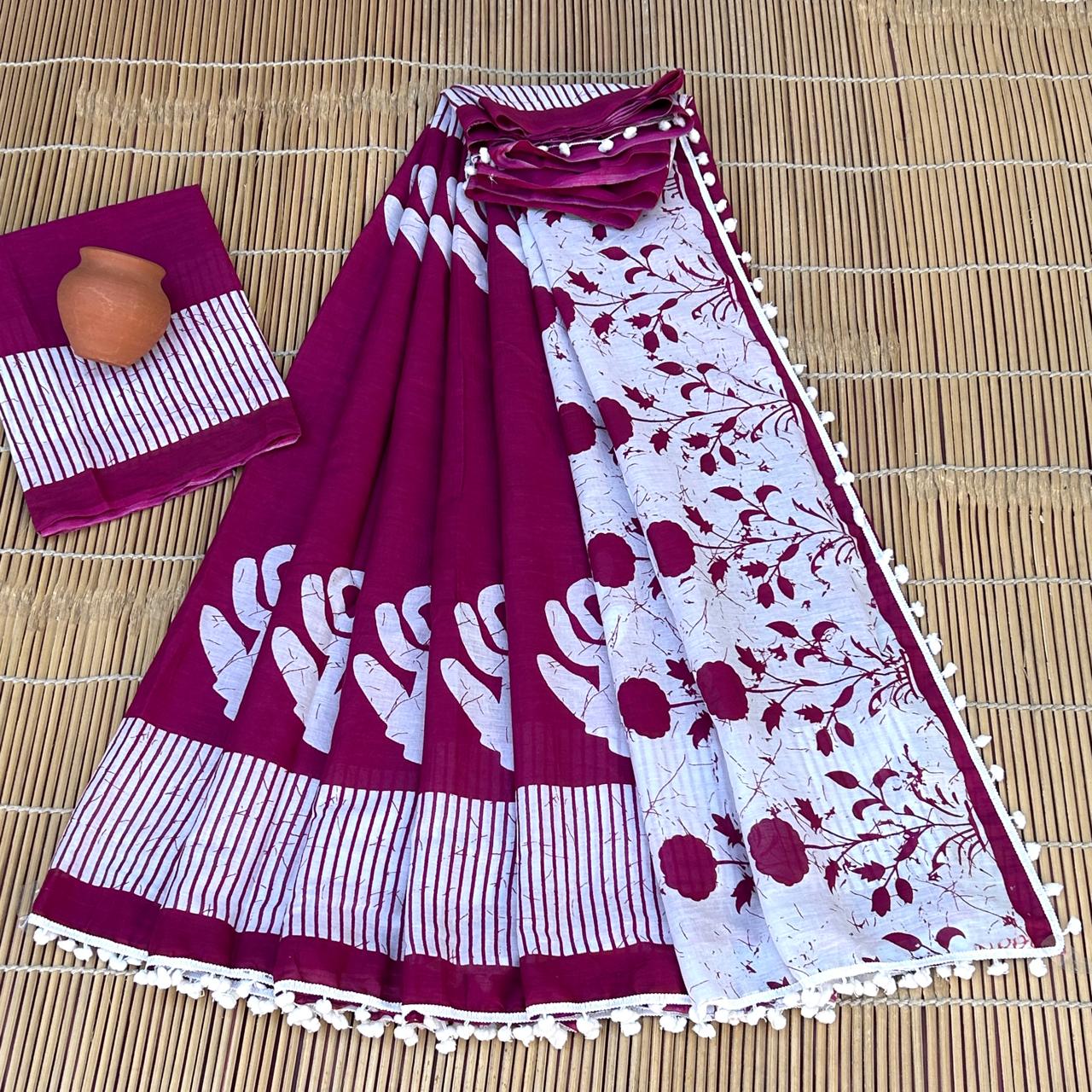 BAGRU PRESENT BLOCK PRINT SAREE WITH POMPOM 18