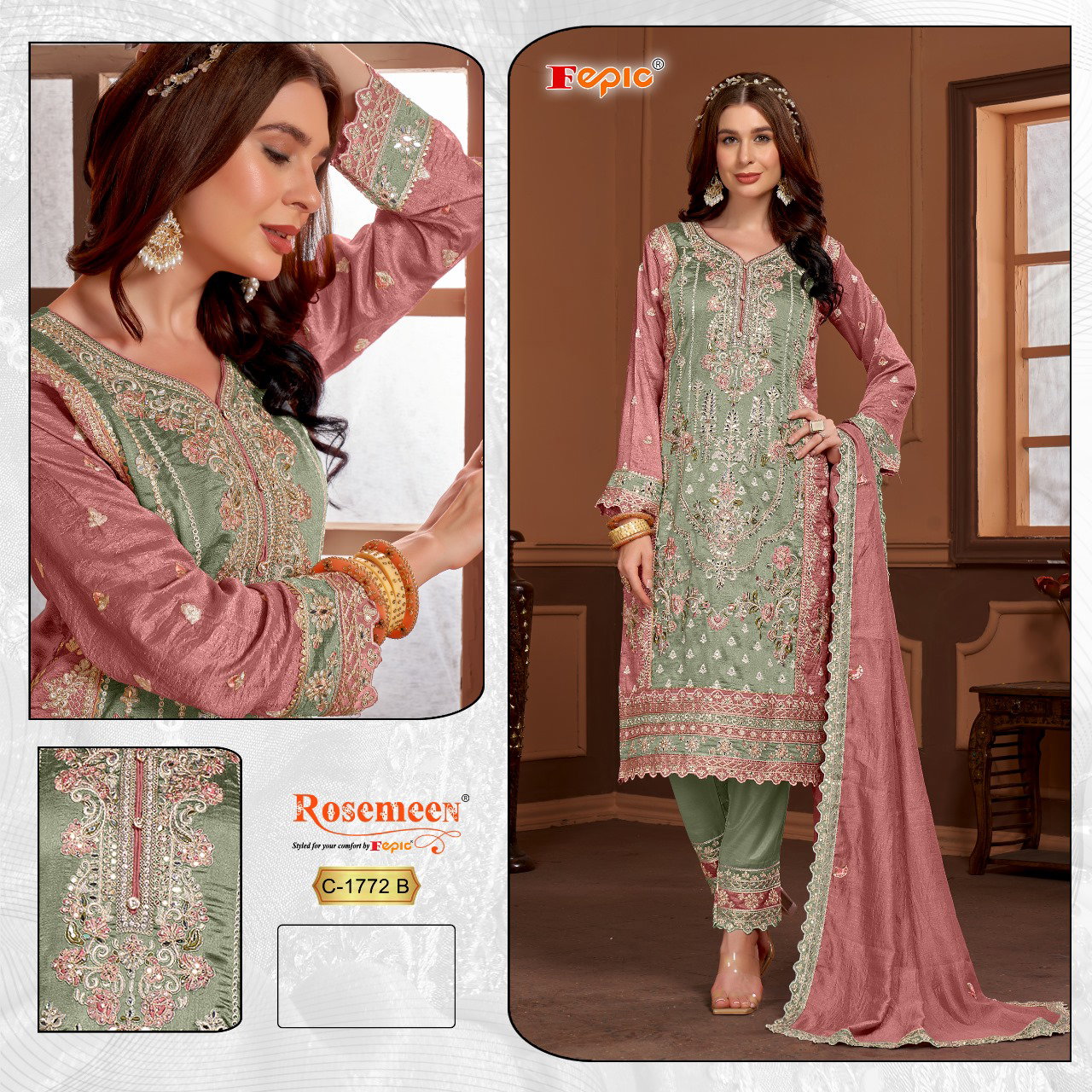 FEPIC ROSEMEEN PAKISTANI UNSTICH VICHITRA SILK SUIT SERIES 1772 1