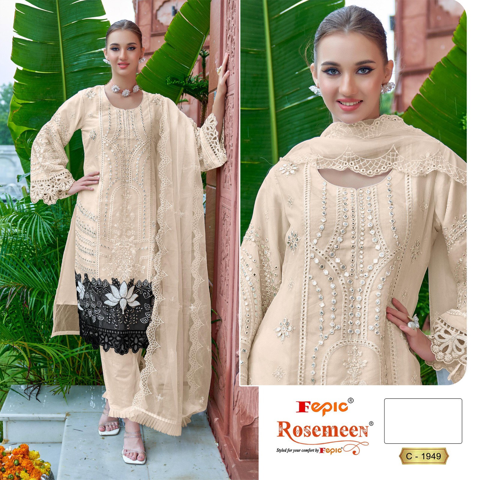 FEPIC ROSEMEEN  UNSTICH ORGANZA PAKISTANI SUIT SERIES 1949 WHITE BALCK COMBINATION 1