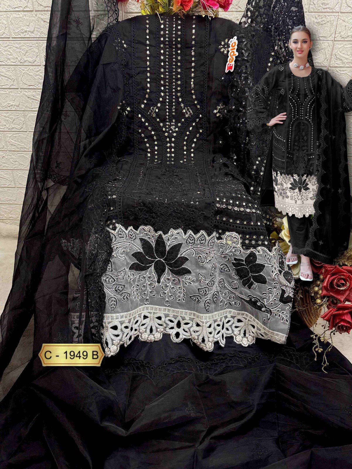 FEPIC ROSEMEEN  UNSTICH ORGANZA PAKISTANI SUIT SERIES 1949 WHITE BALCK COMBINATION 4