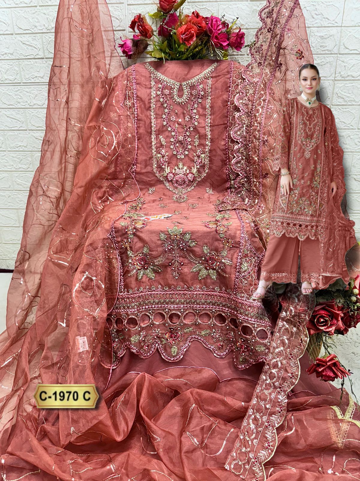 FEPIC ROSEMEEN UNSTICH PAKISTANI ORGANZA WITH KHATLI WORK SUIT SERIES 1970 6