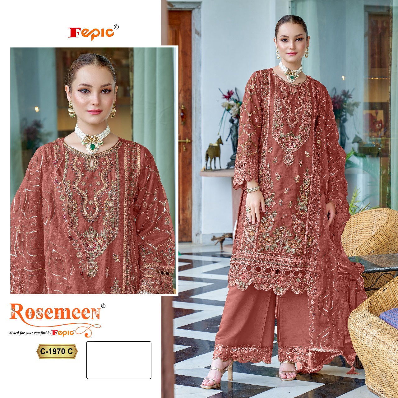 FEPIC ROSEMEEN UNSTICH PAKISTANI ORGANZA WITH KHATLI WORK SUIT SERIES 1970 3