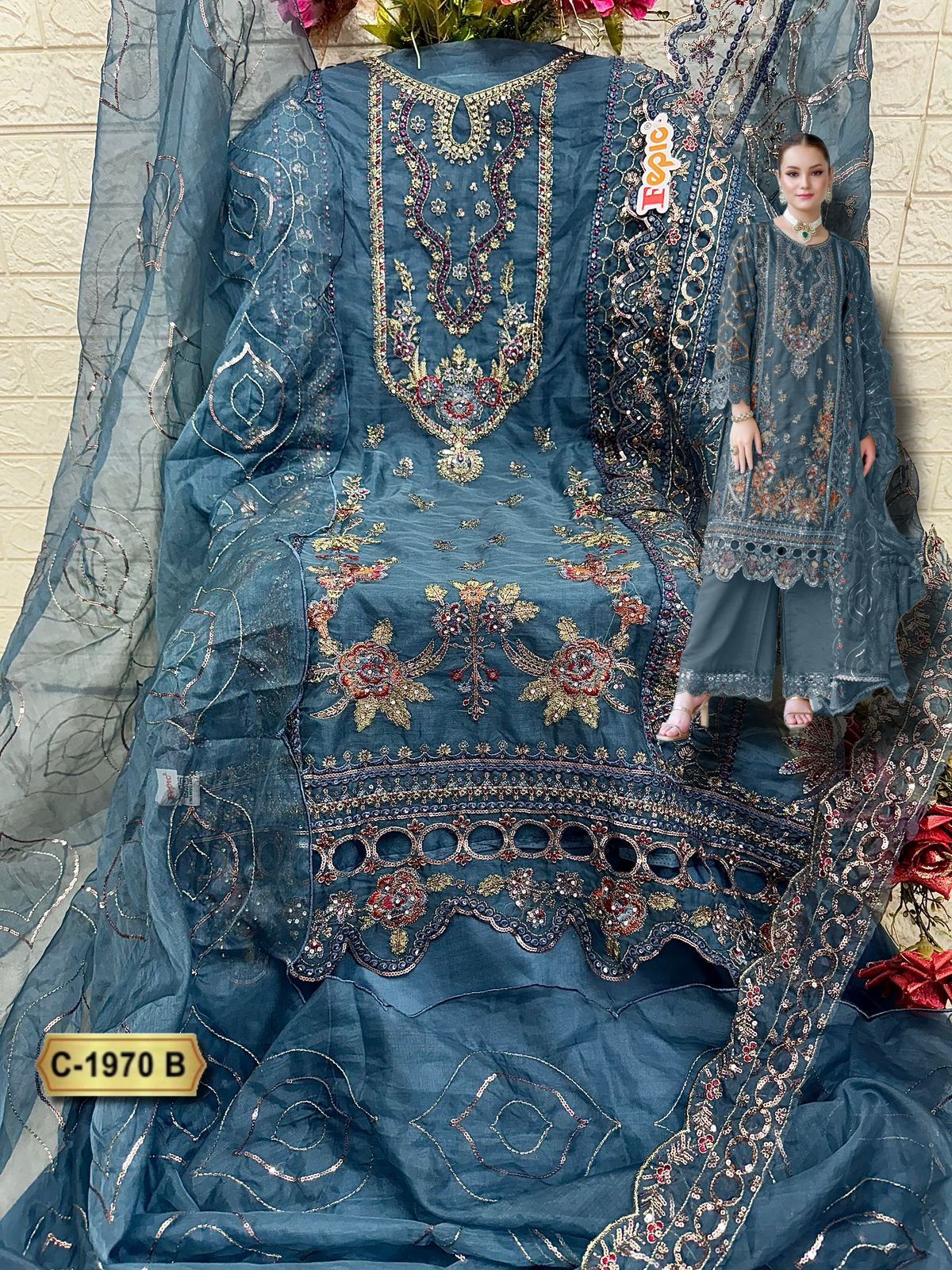 FEPIC ROSEMEEN UNSTICH PAKISTANI ORGANZA WITH KHATLI WORK SUIT SERIES 1970 5