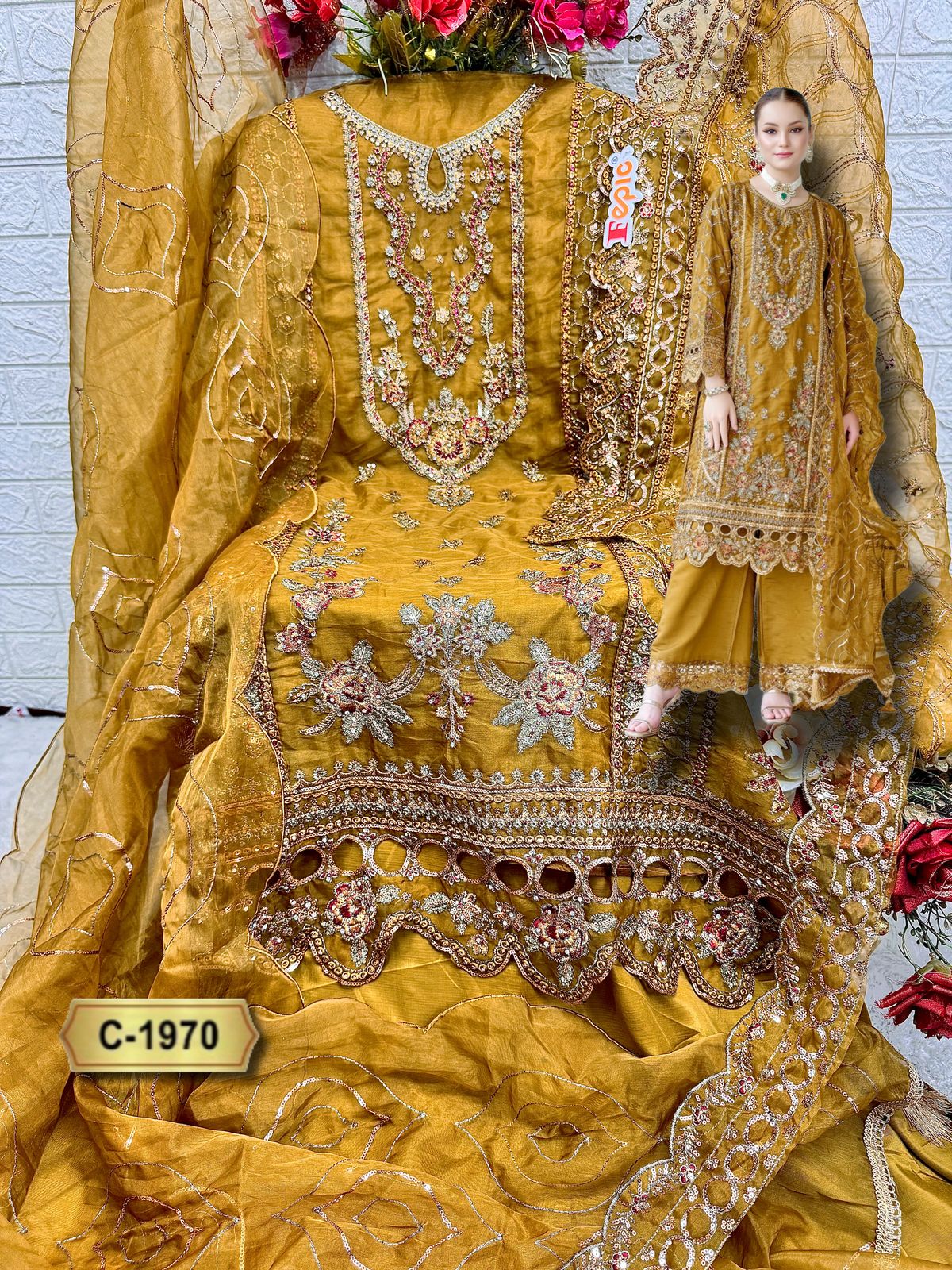 FEPIC ROSEMEEN UNSTICH PAKISTANI ORGANZA WITH KHATLI WORK SUIT SERIES 1970 1