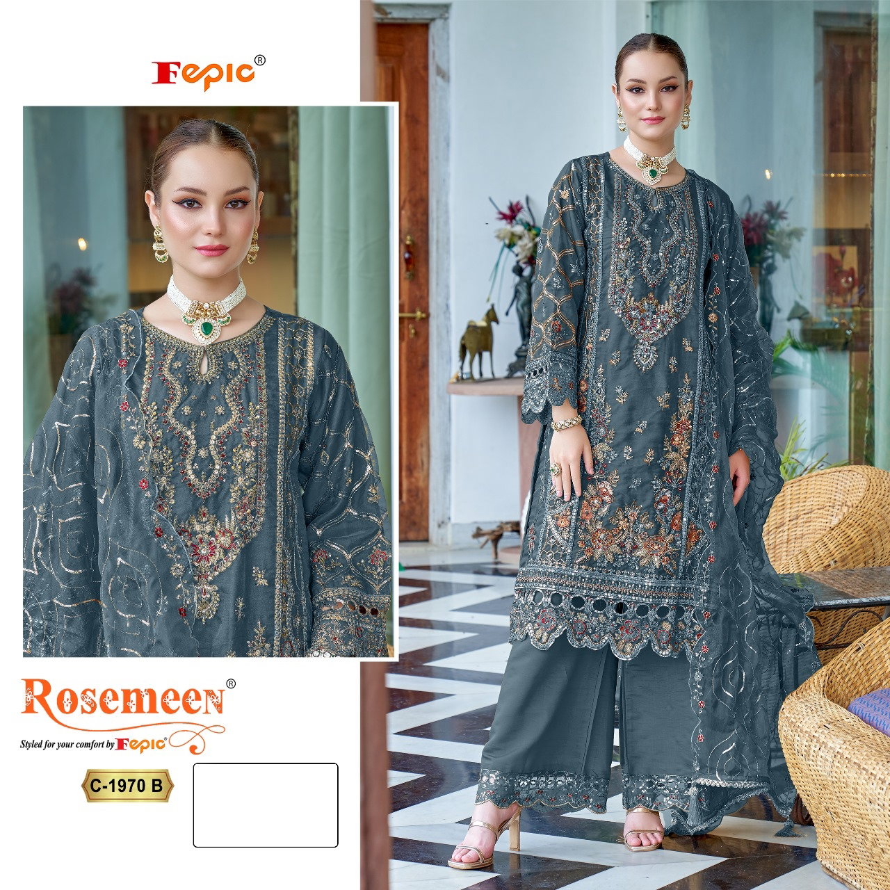 FEPIC ROSEMEEN UNSTICH PAKISTANI ORGANZA WITH KHATLI WORK SUIT SERIES 1970 7