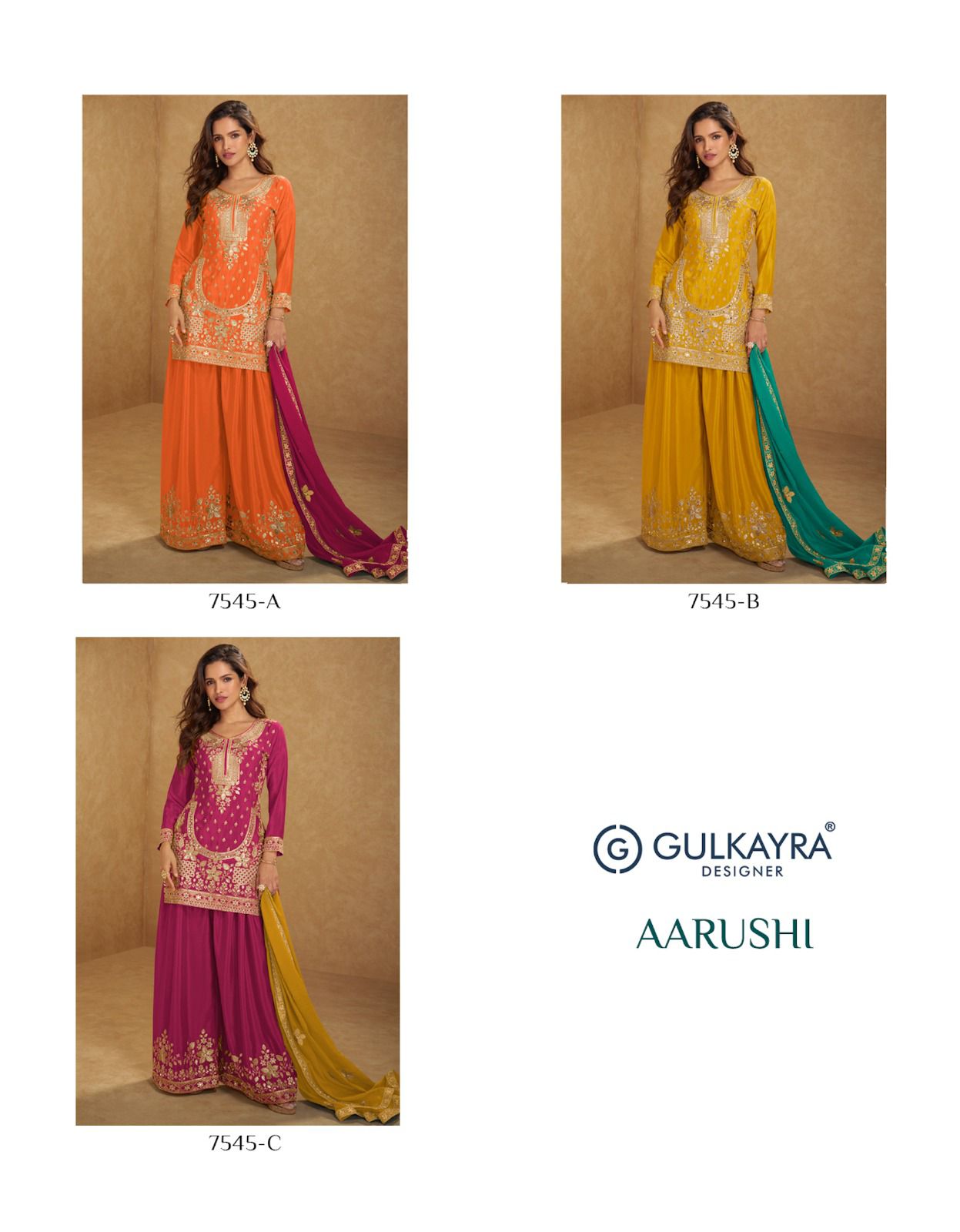 GULKAIRA DESINER PRESENT AARUSHI WITH PLAZZO STYLE FREE SIZE SUIT SERIES 7545 COLORS 1
