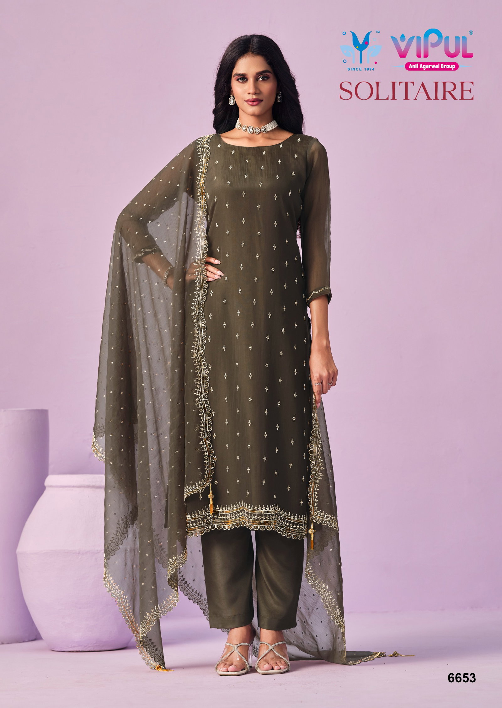 VIPUL PRESENT UNSTITCHED CHIFFON WITH BEADS WORKS SOLITAIRE SERIES 6651-6656 7