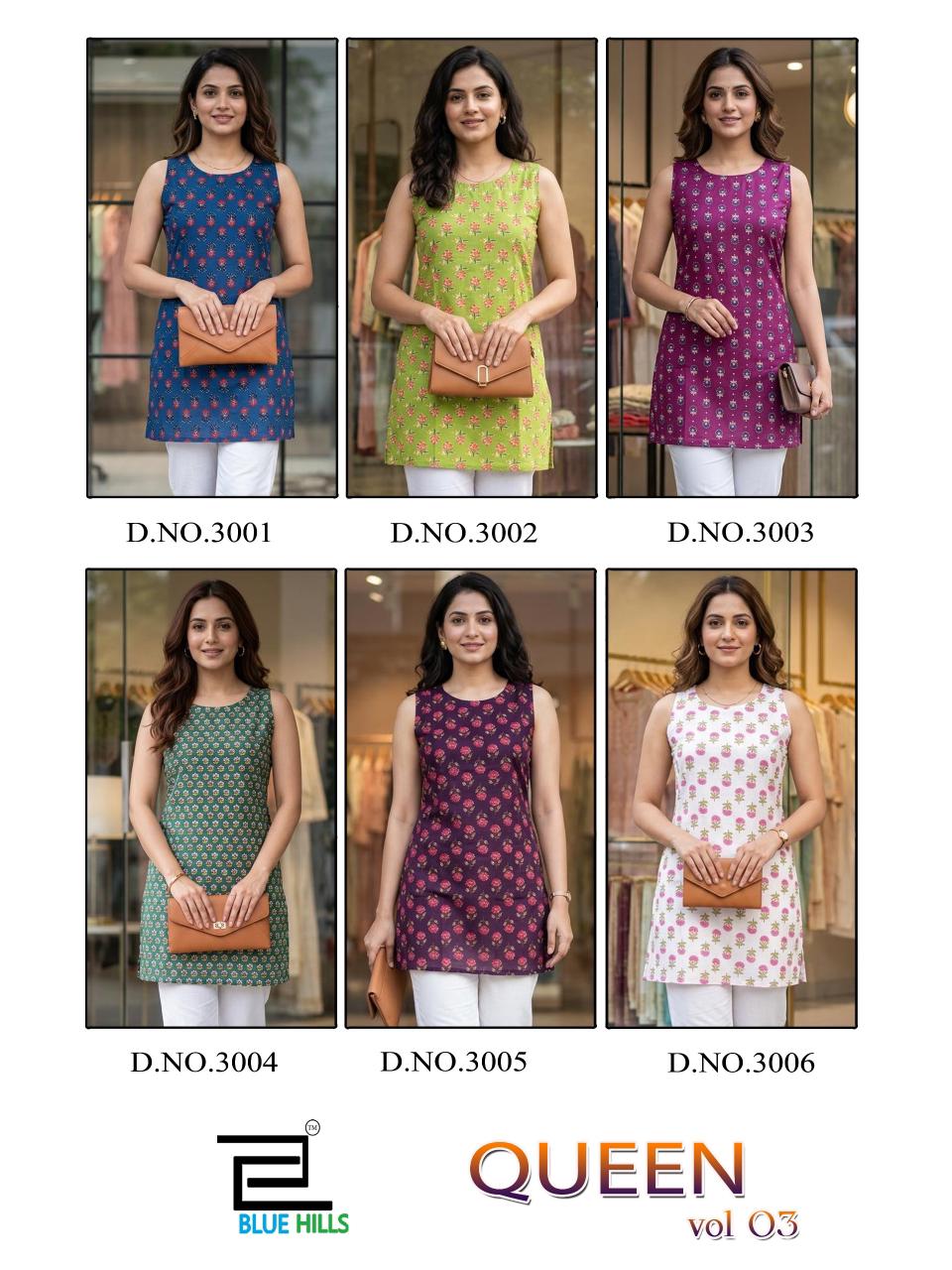 BLUE HILLS PRESENT PURE COTTON READYMADE KURTI CATLOUGLE QUEEN VOL 03 SERIES 3001-3006 3