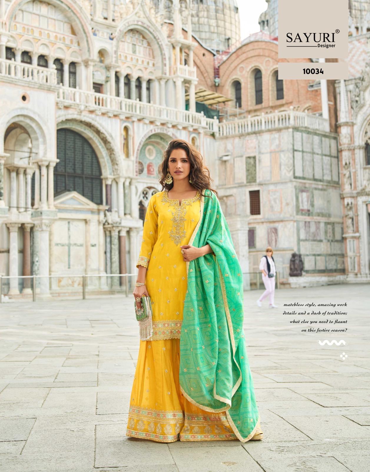 SAYURI PRESENT FANCY SUIT CATLOUGLE TAJ FREE SIZE STICHED SERIES 10031 TO 10045 4