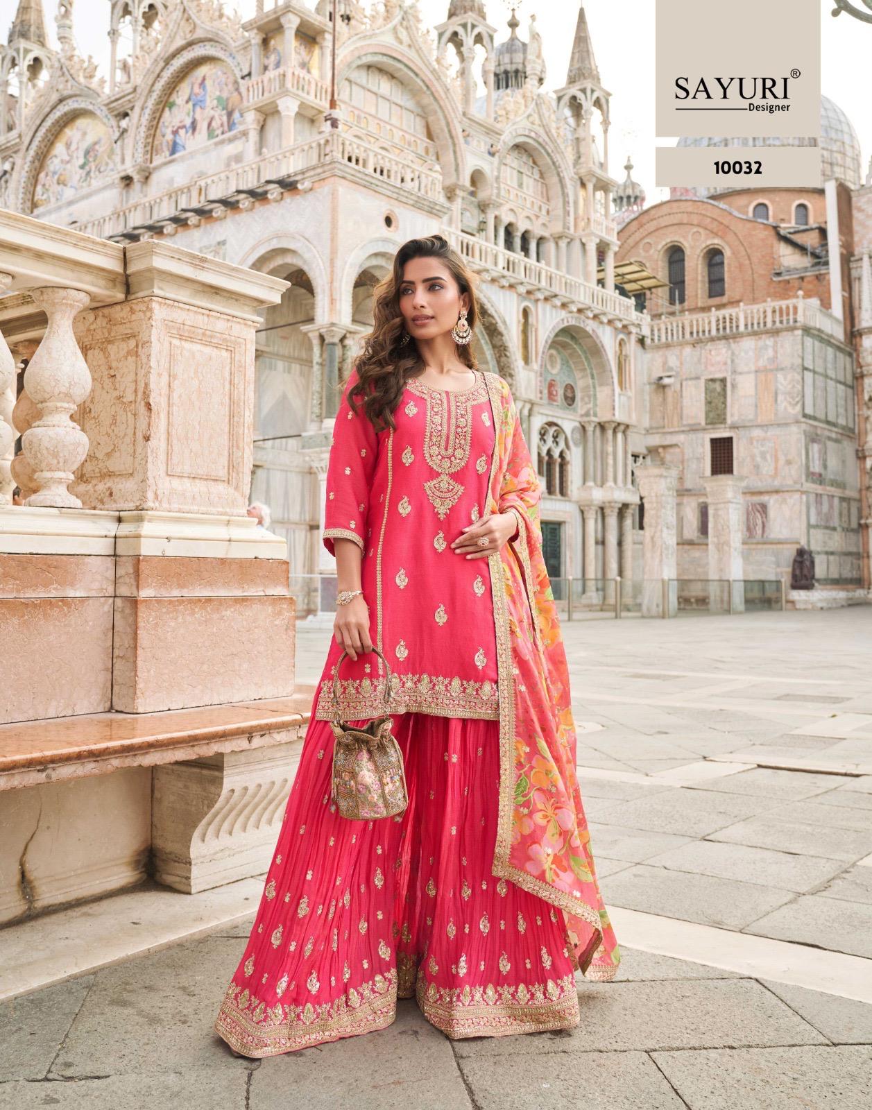 SAYURI PRESENT FANCY SUIT CATLOUGLE TAJ FREE SIZE STICHED SERIES 10031 TO 10045 3