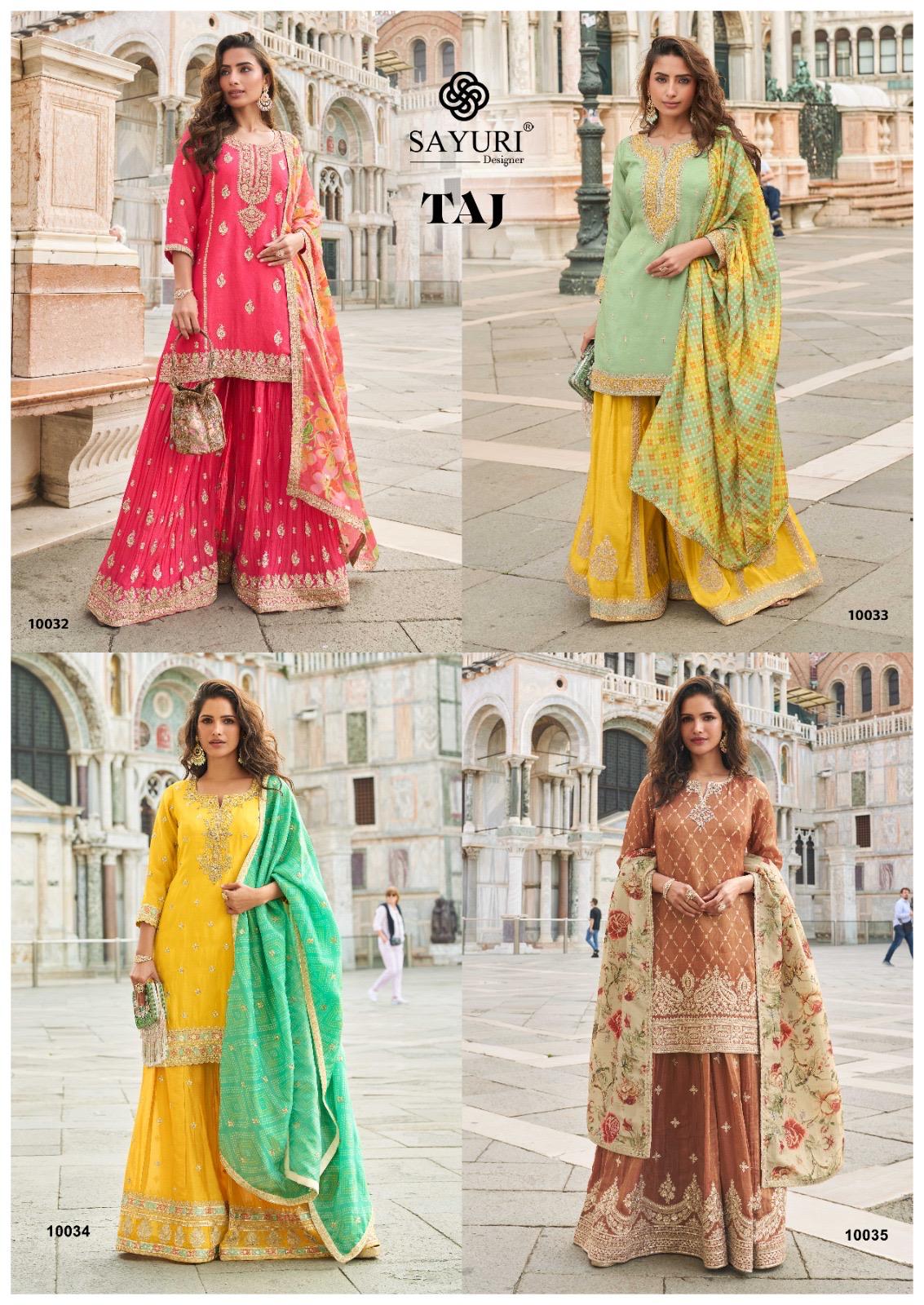 SAYURI PRESENT FANCY SUIT CATLOUGLE TAJ FREE SIZE STICHED SERIES 10031 TO 10045 2