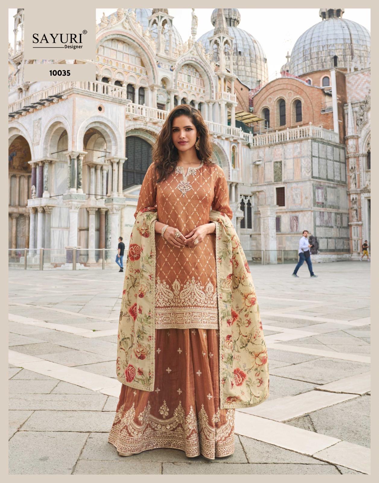 SAYURI PRESENT FANCY SUIT CATLOUGLE TAJ FREE SIZE STICHED SERIES 10031 TO 10045 7
