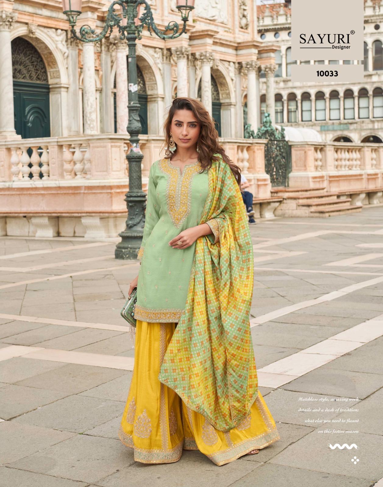 SAYURI PRESENT FANCY SUIT CATLOUGLE TAJ FREE SIZE STICHED SERIES 10031 TO 10045 1