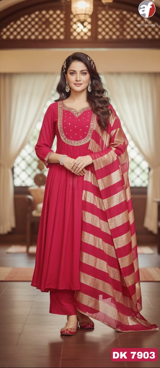 ANJU FABRICS  FLARED KURTI WITH WIDE PANT & DUPATTA SIZE SET COLLECTION 4