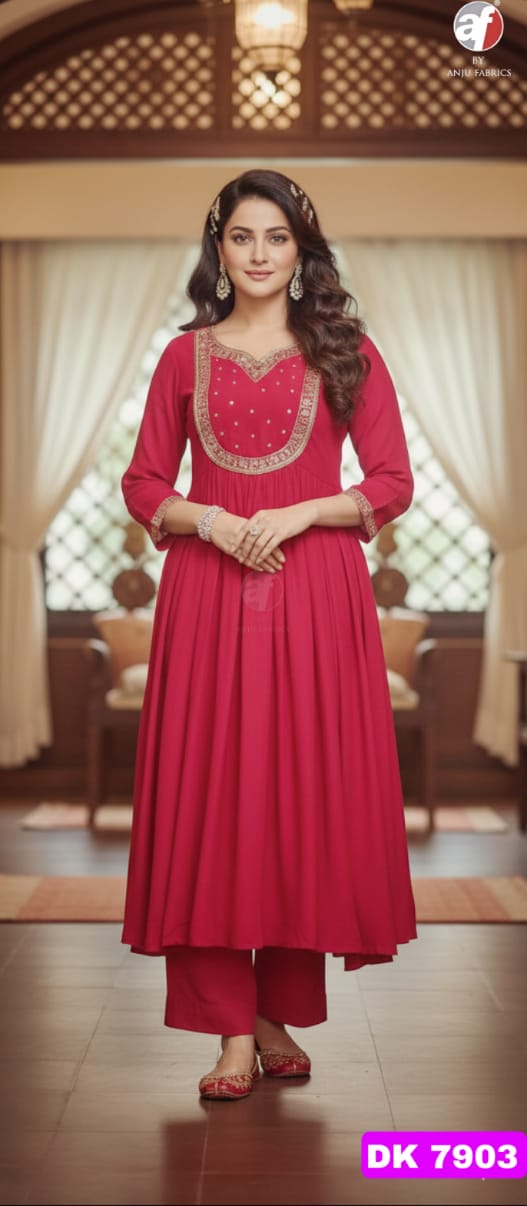 ANJU FABRICS  FLARED KURTI WITH WIDE PANT & DUPATTA SIZE SET COLLECTION 1