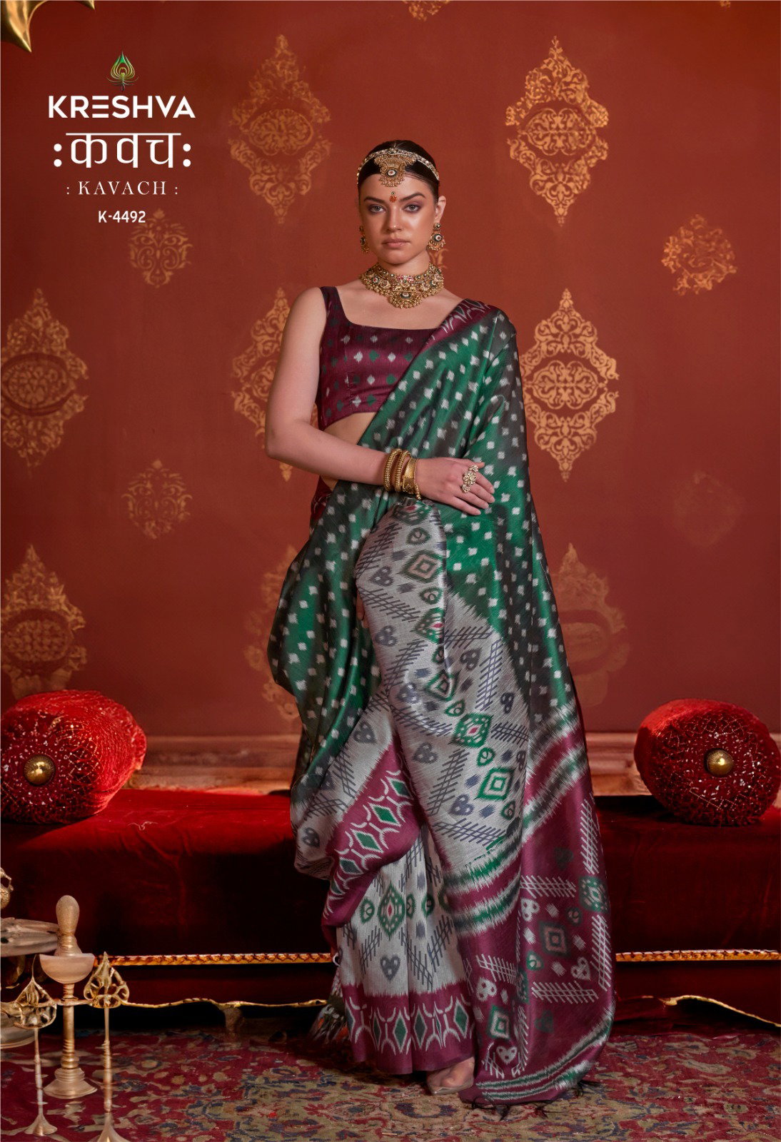 KRESHVA KAVACH SILK SAREE SERIES 4486 TO 4493 WITH IKKAT DESIGN SAREE 6